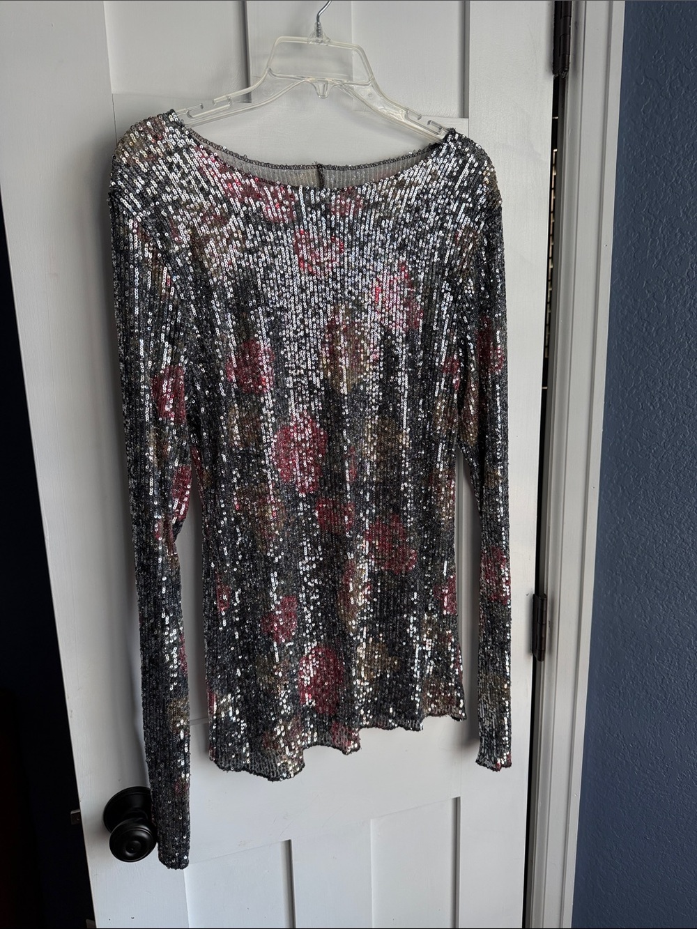 Free People Silver Sequin Long Sleeve Top with Pink and Gold Floral